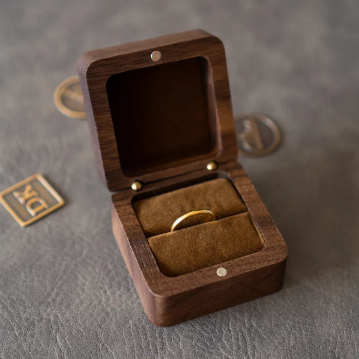 Double Ring Wooden Box with Custom Antique Brass Inlay – Solid Black Walnut Personalized Gift for Weddings and Anniversaries - Image 3