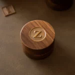 Round Wooden Ring Box with Custom Antique Brass Medallion – Solid Black Walnut Keepsake with Moss-Look Lining - Image 2