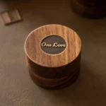 Round Wooden Ring Box with Custom Antique Brass Medallion – Solid Black Walnut Keepsake with Moss-Look Lining