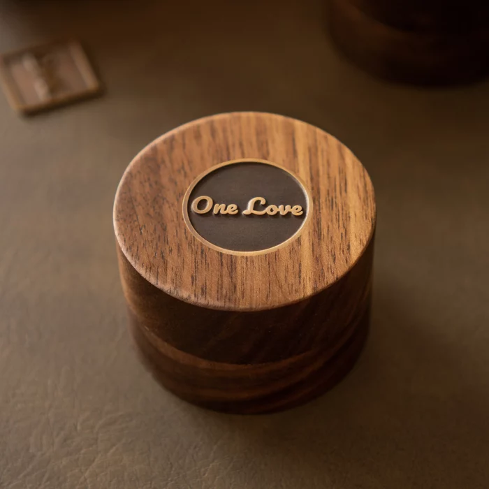 Round Wooden Ring Box with Custom Antique Brass Medallion – Solid Black Walnut Keepsake with Moss-Look Lining - Image 1