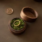 Round Wooden Ring Box with Custom Antique Brass Medallion – Solid Black Walnut Keepsake with Moss-Look Lining - Image 3