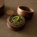 Round Wooden Ring Box with Custom Antique Brass Medallion – Solid Black Walnut Keepsake with Moss-Look Lining - Image 8