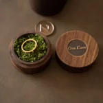 Round Wooden Ring Box with Custom Antique Brass Medallion – Solid Black Walnut Keepsake with Moss-Look Lining - Image 5