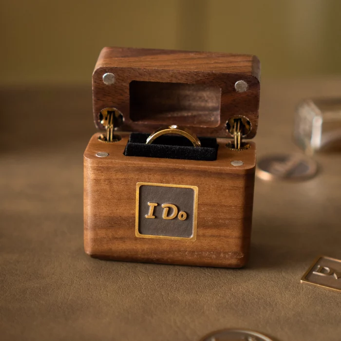 Flip-Top Wooden Ring Box with Upright Display – Custom Antique Brass Inlay, Solid Black Walnut Keepsake - Image 5