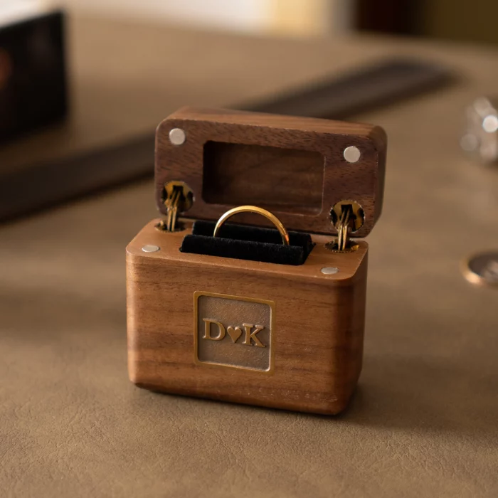 Flip-Top Wooden Ring Box with Upright Display – Custom Antique Brass Inlay, Solid Black Walnut Keepsake - Image 8