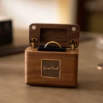Custom Flip-Top Ring Box – Upright Display in Black Walnut with Brass Inlay, Keepsake Design - Image 7