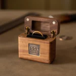 Custom Flip-Top Ring Box – Upright Display in Black Walnut with Brass Inlay, Keepsake Design