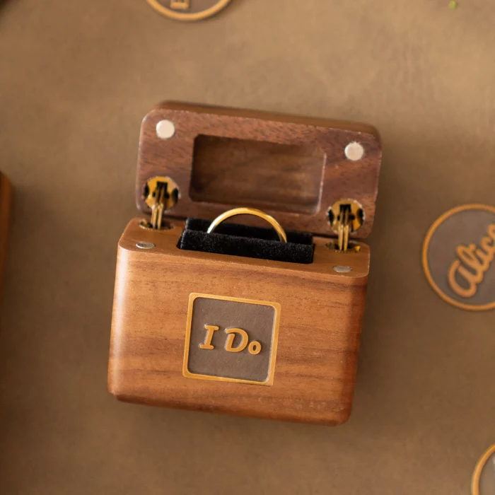 Flip-Top Wooden Ring Box with Upright Display – Custom Antique Brass Inlay, Solid Black Walnut Keepsake - Image 2
