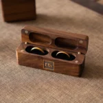 Slim Double Ring Wooden Box with Custom Antique Brass Inlay – Solid Black Walnut Pocket Wedding Case