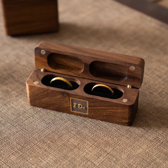 Slim Double Ring Wooden Box with Custom Antique Brass Inlay – Solid Black Walnut Pocket Wedding Case - Image 1