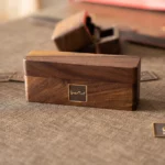 Slim Double Ring Wooden Box with Custom Antique Brass Inlay – Solid Black Walnut Pocket Wedding Case - Image 2