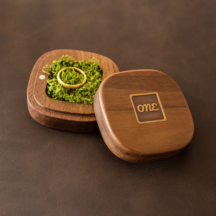 Rounded Square Wooden Ring Box with Custom Antique Brass Inlay – Solid Black Walnut Moss-Look Keepsake - Image 1