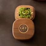 Rounded Square Wooden Ring Box with Custom Antique Brass Inlay – Solid Black Walnut Moss-Look Keepsake - Image 4