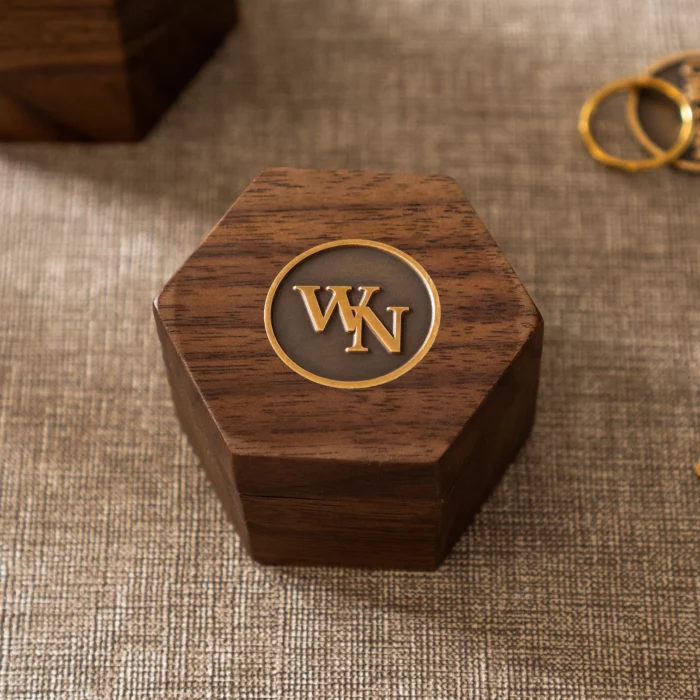 Hexagon Wooden Ring Box with Custom Antique Brass Inlay – Solid Black Walnut Keepsake - Image 1