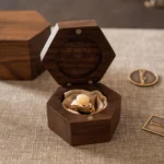 Hexagon Wooden Ring Box with Custom Antique Brass Inlay – Solid Black Walnut Keepsake - Image 3