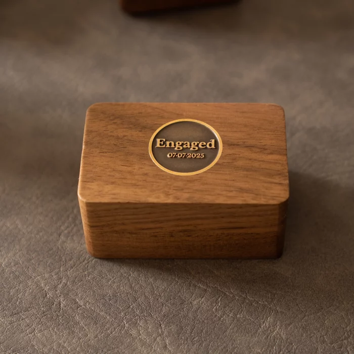 Rectangular Double Ring Wooden Box with Custom Antique Brass Inlay – Solid Black Walnut Gift Case - Image 5