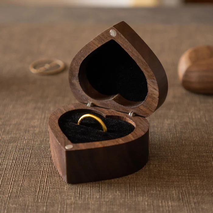 Heart Wooden Ring Box with Custom Antique Brass Inlay – Solid Black Walnut Gift Keepsake - Image 3