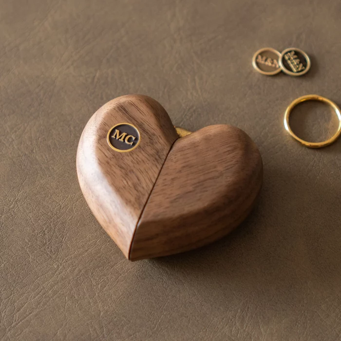 Folding Heart Wooden Ring Box with Custom Brass Monogram – Solid Black Walnut Pocket Gift - Image 7