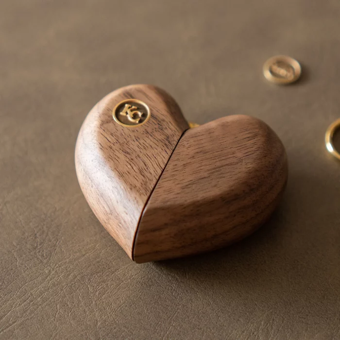 Folding Heart Wooden Ring Box with Custom Brass Monogram – Solid Black Walnut Pocket Gift - Image 3