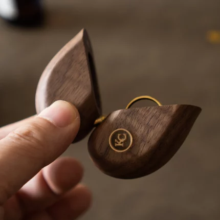 Folding Heart Wooden Ring Box with Custom Brass Monogram – Solid Black Walnut Pocket Gift