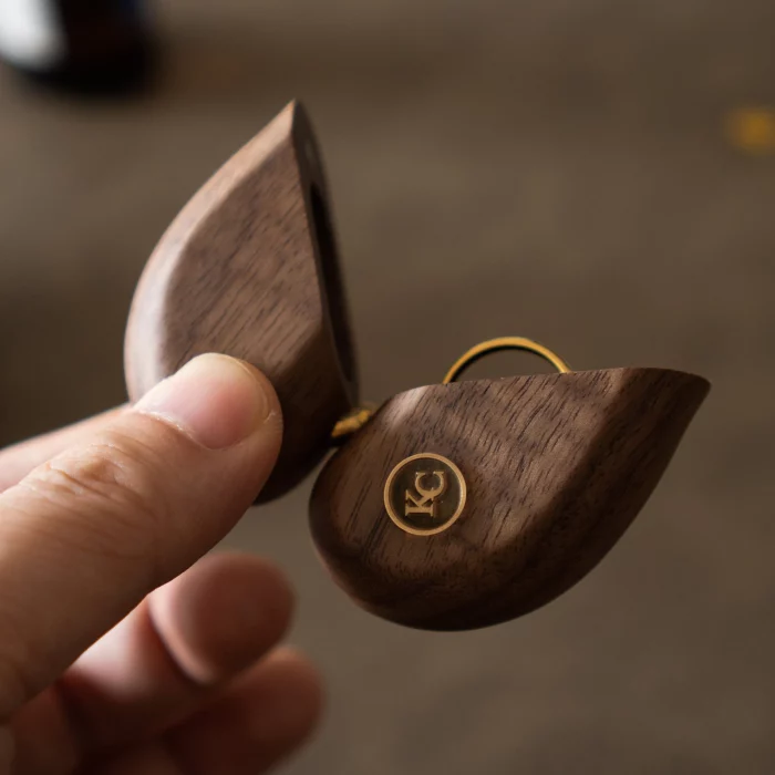 Folding Heart Wooden Ring Box with Custom Brass Monogram – Solid Black Walnut Pocket Gift - Image 1