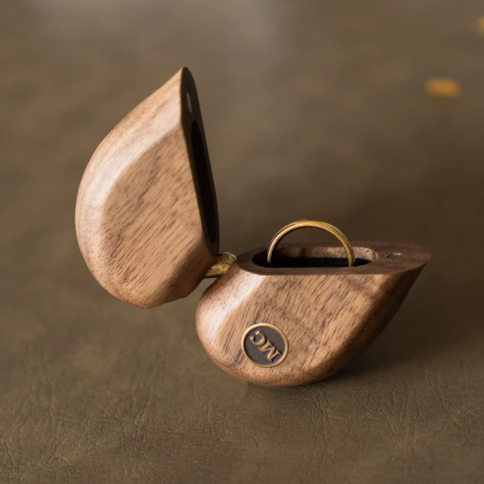 Folding Heart Wooden Ring Box with Custom Brass Monogram – Solid Black Walnut Pocket Gift - Image 4