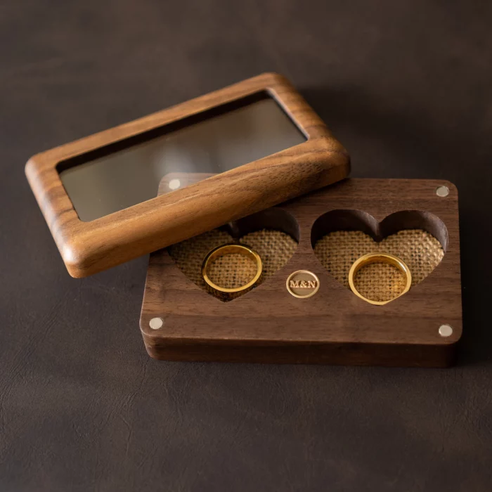 Clear-Lid Double Ring Wooden Box with Custom Brass Inlay – Solid Black Walnut Heart Display Case - Image 1