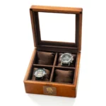 Personalized Watch Box Gift for Men – 4-Slot Solid Limba Wood Display Case with Glass Lid & Custom Brass Plaque - Image 4