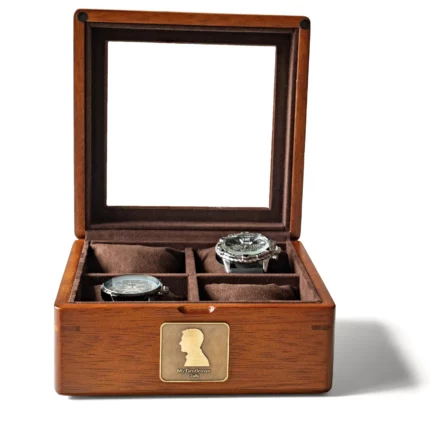 Personalized Watch Box Gift for Men – 4-Slot Solid Limba Wood Display Case with Glass Lid & Custom Brass Plaque